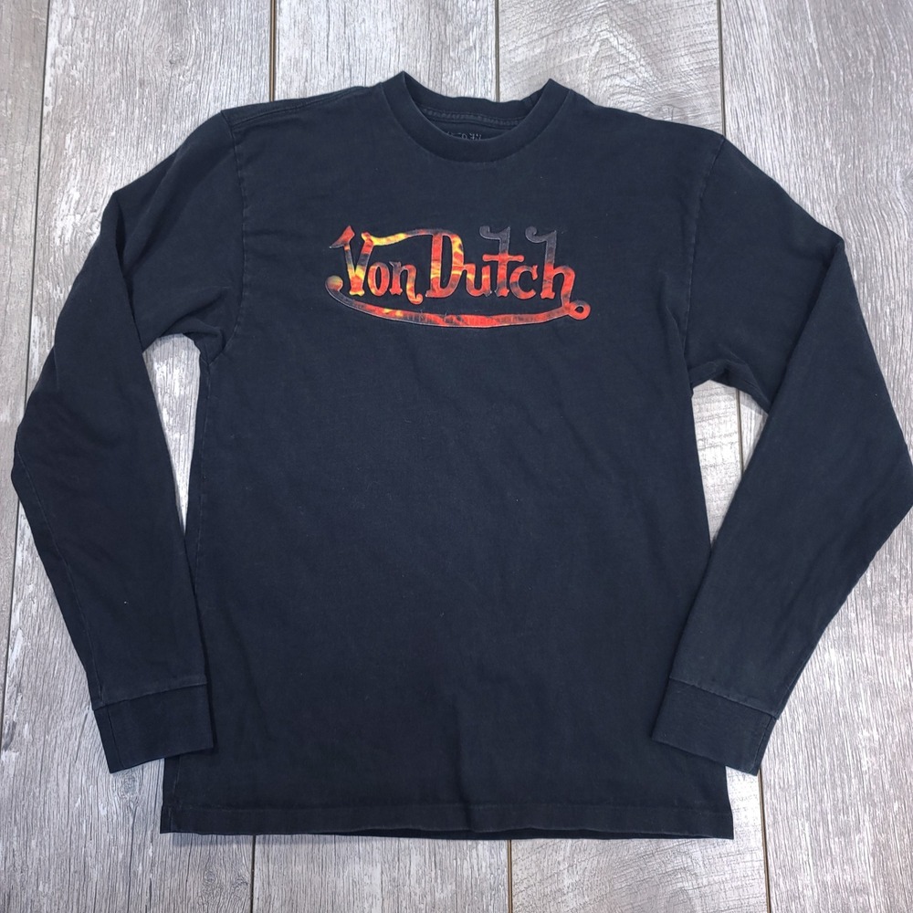 Von Dutch Long Sleeve T-Shirt Mens Small Black Fire Flame Logo Graphic Y2K Tee